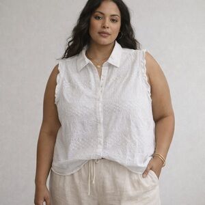 Eyelet Embroidered Cotton Sleeveless Blouse • White • XXL